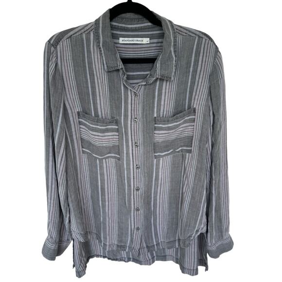 Standard Grace womens gray pink striped lyocell chambray button down shirt large - Picture 1 of 6